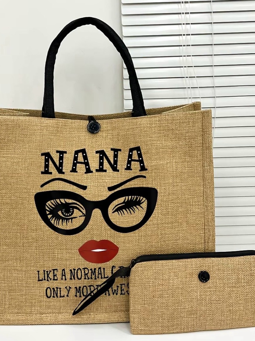 Nana Graphic Jute Tote Bag with Matching Pouch - Black & Natural